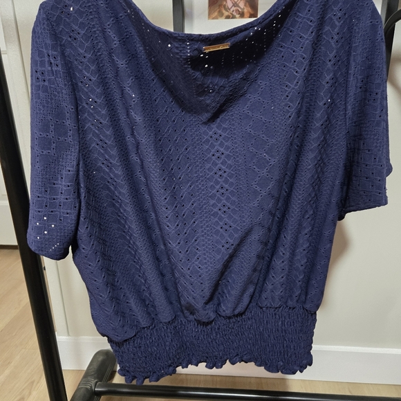 Michael Kors Womens Navy Blue Short Sleeve Shirt Smocked Waist Blouse Top Size M - Picture 7 of 8